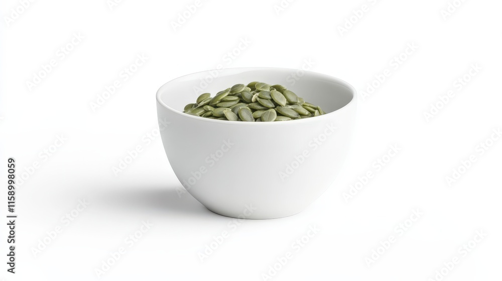 Fresh green pumpkin seeds filling a white bowl, placed on a gray background, representing healthy eating and natural ingredients Fresh green pumpkin seeds filling a white bowl, placed on a gray background, representing healthy eating and natural ingredients