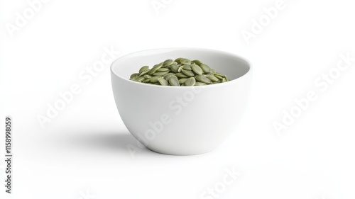 Fresh green pumpkin seeds filling a white bowl, placed on a gray background, representing healthy eating and natural ingredients