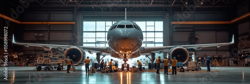Engineers work on airplane repair inside a hangar during daylight hours
