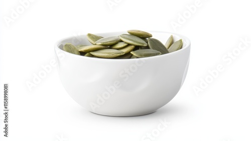 Fresh green pumpkin seeds filling a white bowl, placed on a gray background, representing healthy eating and natural ingredients