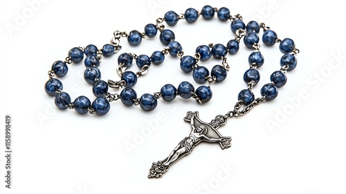 Blue bead rosary with silver crucifix on white isolate background. photo