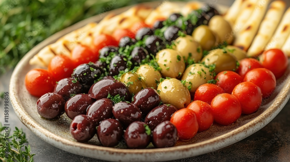 Hummus platter accompanied by fresh vegetables, olives, and pita bread. Hummus platter accompanied by fresh vegetables, olives, and pita bread.