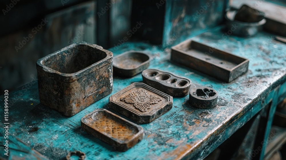 Antique wooden containers and inkwells on a rustic table.