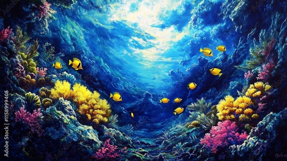 Fototapeta premium Vibrant Yellow Fish Swim Amongst Colorful Coral Reef