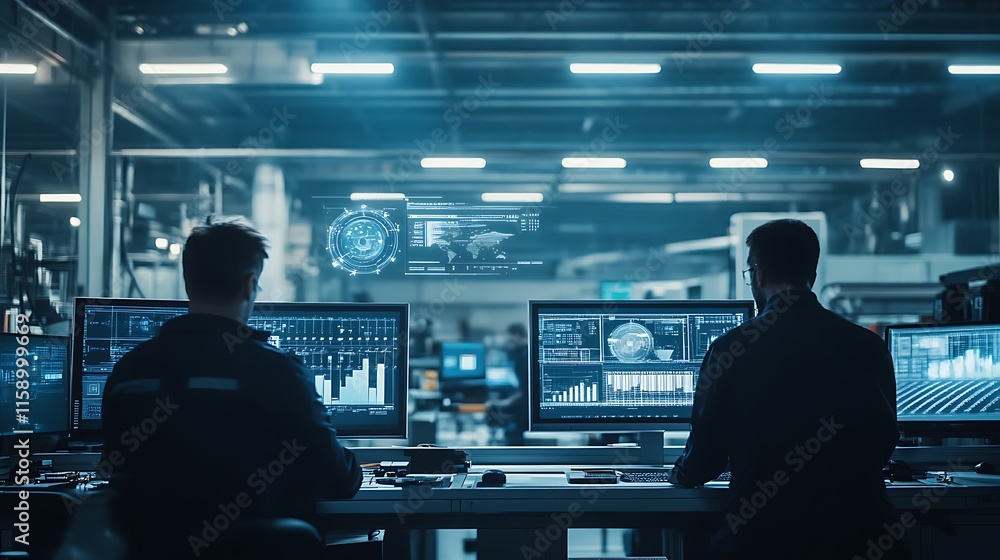 Operators overseeing CNC machine operations on a large manufacturing floor Operators overseeing CNC machine operations on a large manufacturing floor