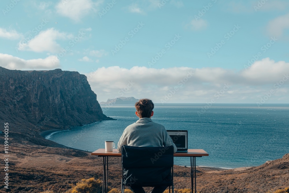 Fototapeta premium A man of Caucasian descent is seated on a wooden chair, focusing on his work remotely using a laptop, with mountains and the sea visible in the background, illustrating the concept of a Digital Nomad
