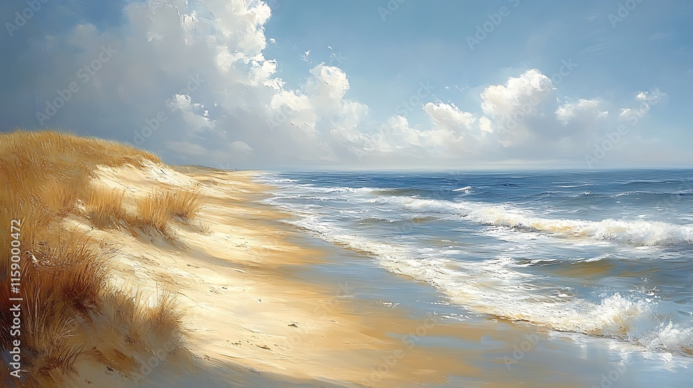 Sandy Beach Dunes meet Ocean Waves under a Cloudy Sky Sandy Beach Dunes meet Ocean Waves under a Cloudy Sky