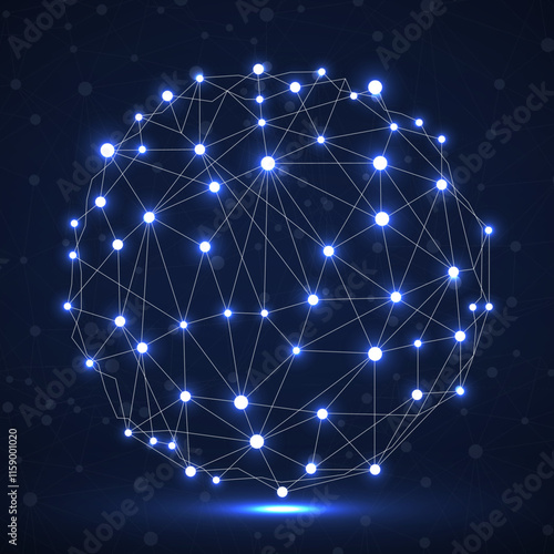 Abstract wireframe mesh sphere with glowing dot and lines, network connections. Polygonal geometric element