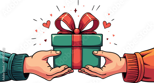 human hands giving or exchange gift box for Christmas, Valentine, anniversary holiday packages illustration