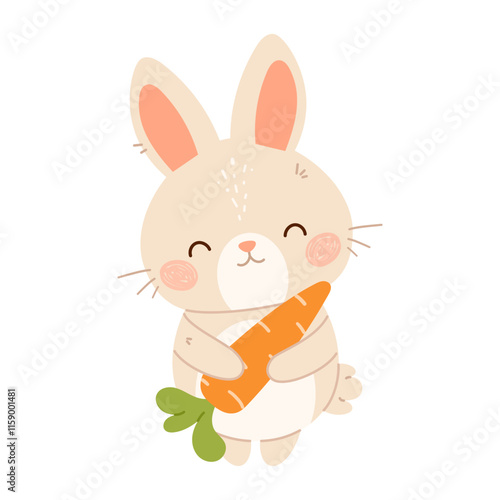 Cute little bunny with carrot. Rabbit flat vector isolated illustration