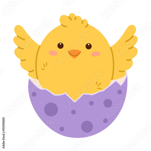Chick in Easter egg. Chick hatch from cracked egg. Flat vector isolated illustration