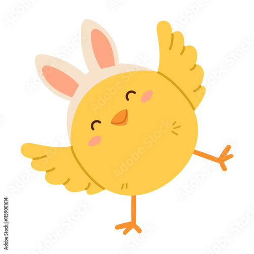 Happy little chick with Easter bunny ears. Flat isolated vector illustration