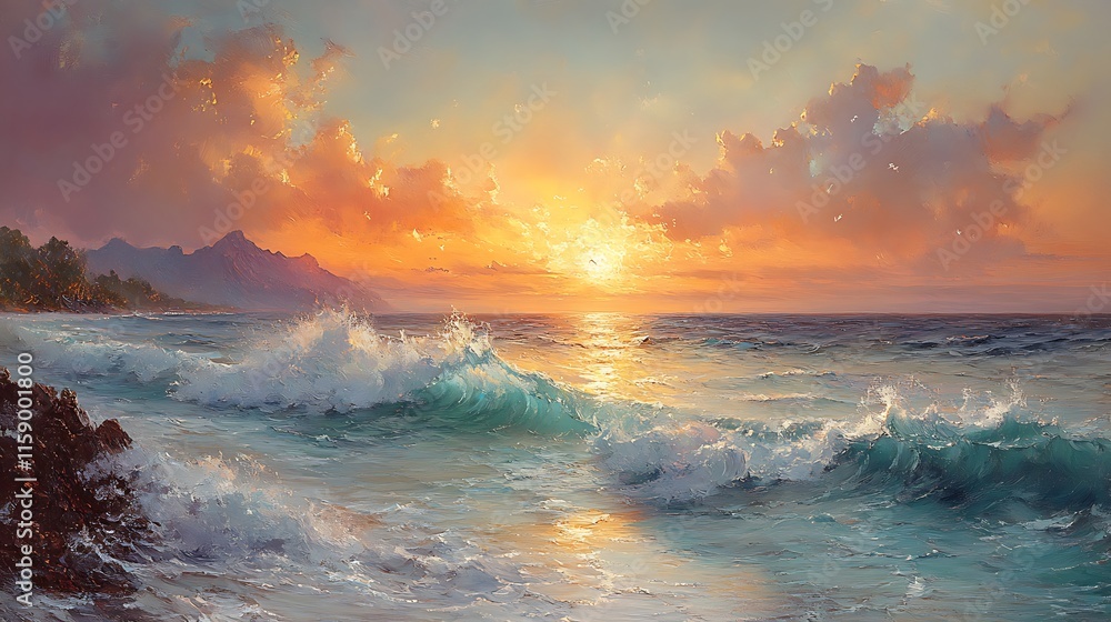 Obraz premium Ocean Waves Crashing at Sunset Coastal Scene