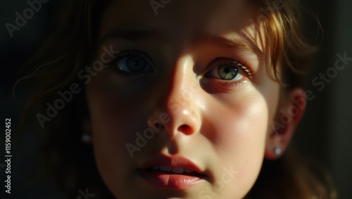 Wallpaper Mural Close-up portrait of a young girl, her face illuminated by a soft light, creating a warm and intimate atmosphere. Her expressive eyes and delicate features are captivating. Torontodigital.ca