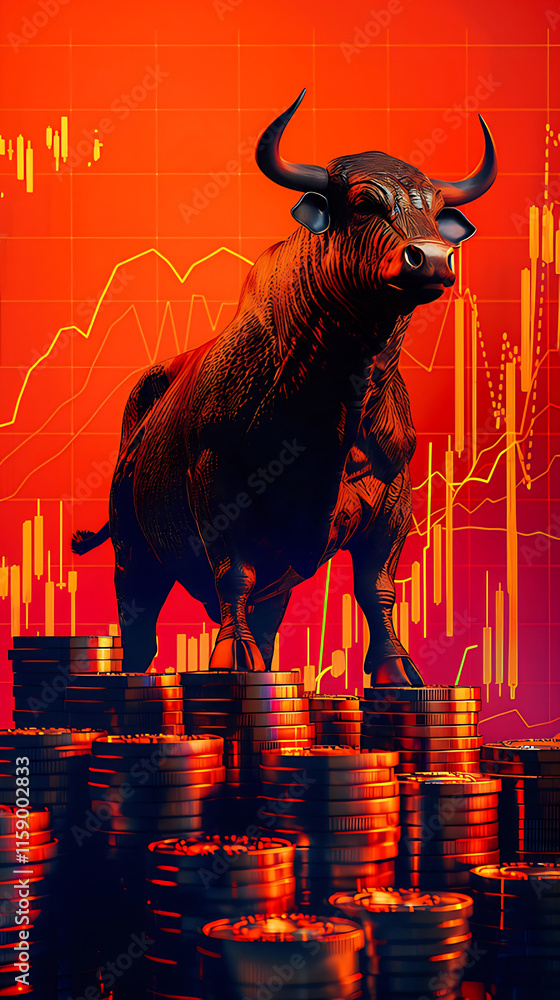 Powerful bull standing on stacks of coins against a red stock market chart background. Powerful bull standing on stacks of coins against a red stock market chart background.