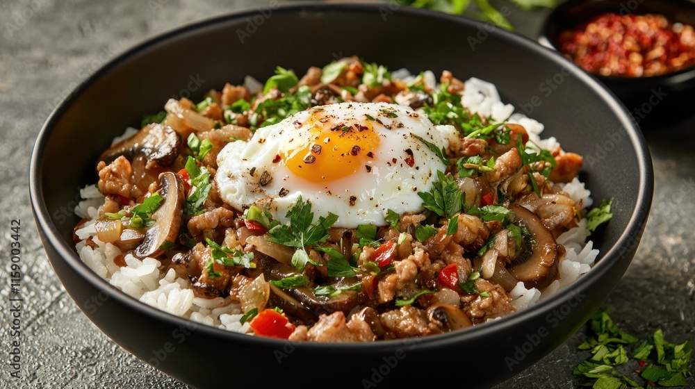 Savory rice bowl with fried egg, mushrooms, and ground meat. Savory rice bowl with fried egg, mushrooms, and ground meat.
