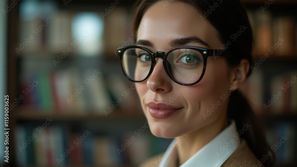 A young woman with green eyes smiles subtly while wearing round glasses. The background is softly blurred, showing bookshelves filled with various books. A young woman with green eyes smiles subtly while wearing round glasses. The background is softly blurred, showing bookshelves filled with various books.