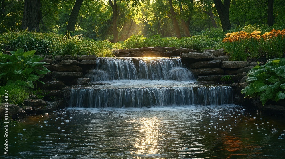 Serene cascading waterfall in lush park at sunset. Serene cascading waterfall in lush park at sunset.