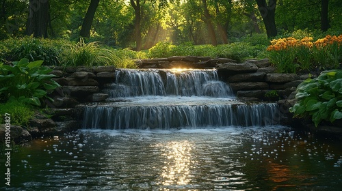 Serene cascading waterfall in lush park at sunset.