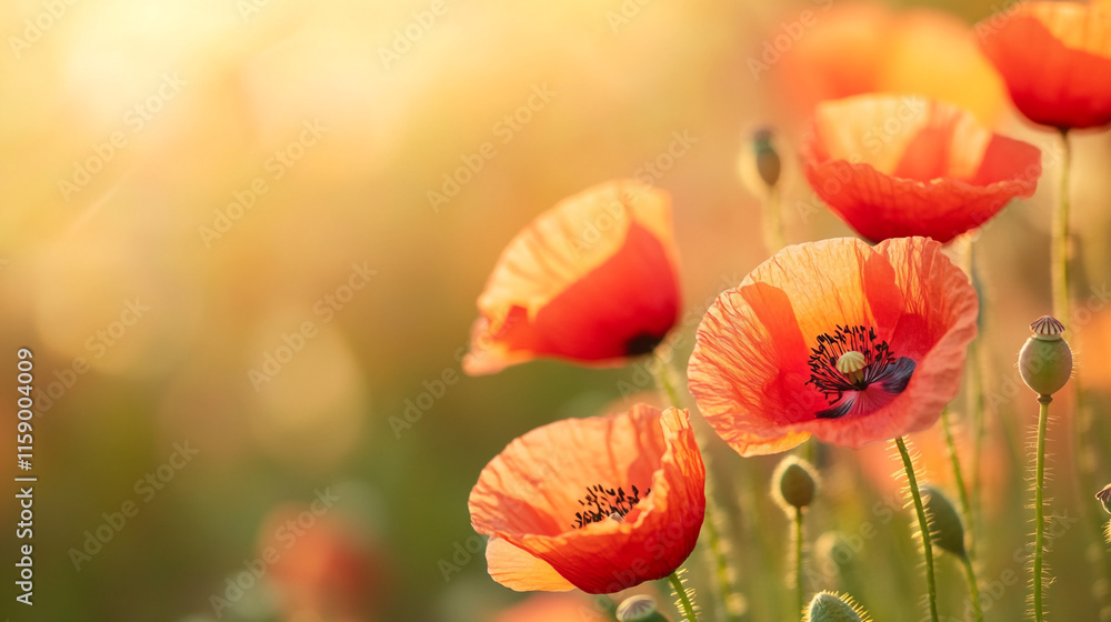 Colorful poppy flowers blooming in a sunlit meadow during spring Colorful poppy flowers blooming in a sunlit meadow during spring