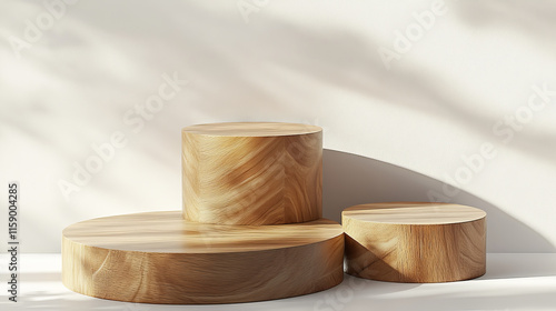 Fototapeta Naklejka Na Ścianę i Meble -  3D wooden podiums set isolated on white background. Vector realistic illustration of natural wood platforms for cosmetic products presentation, round and abstract shape stage, dish for serving sushi