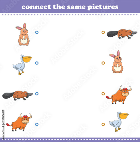 Education game for children connect the same picture of cute cartoon wild animal printable. Vector Illustration