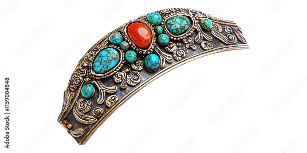 Obraz premium Ornate metal hair clip with turquoise and red gems isolated on transparent background