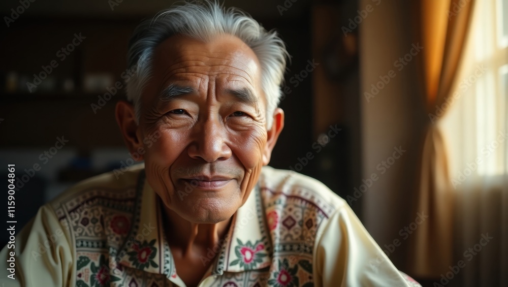 Portrait of a smiling Asian senior man, wearing a patterned shirt. Warm lighting illuminates his kind face, emphasizing his wrinkles and gentle expression. Portrait of a smiling Asian senior man, wearing a patterned shirt. Warm lighting illuminates his kind face, emphasizing his wrinkles and gentle expression.