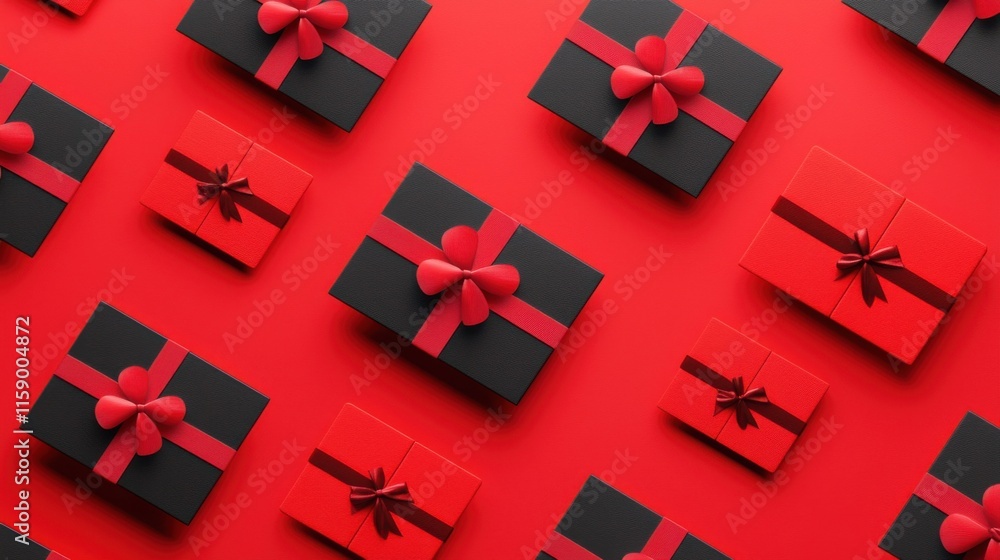Obraz premium Isometric pattern of credit cards, gift cards, bonus cards. consumer concept, on a red background. Gifts for Christmas, Valentine's Day and birthday