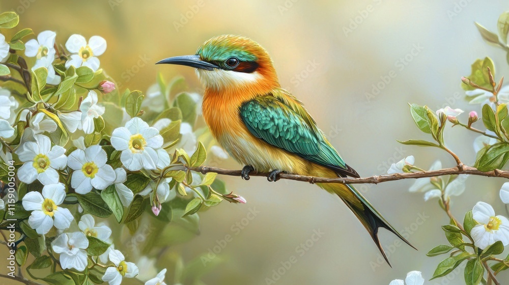 Obraz premium Colorful bee-eater bird perched on flowering branch.