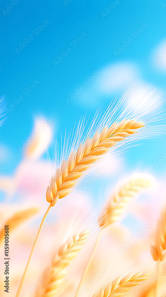 Ripe golden wheat ears sway gently in a summer breeze against a vibrant blue sky with soft pink clouds. Ripe golden wheat ears sway gently in a summer breeze against a vibrant blue sky with soft pink clouds.