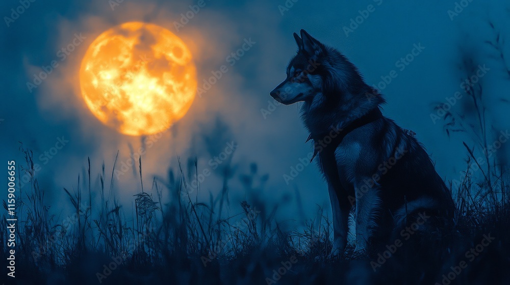 Husky in Witch Costume on Spooky Hill at Night Husky in Witch Costume on Spooky Hill at Night