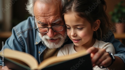 A grandfather and his granddaughter share a book, their faces illuminated by the soft light. A tender scene of love and shared reading.