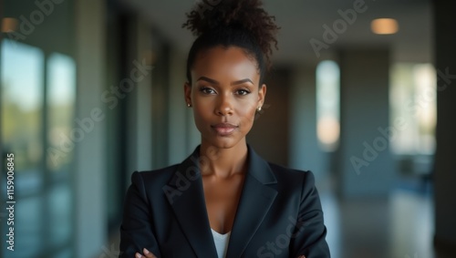 Confident young Black businesswoman with her arms crossed, standing in a modern office hallway. Serious expression, professional attire.