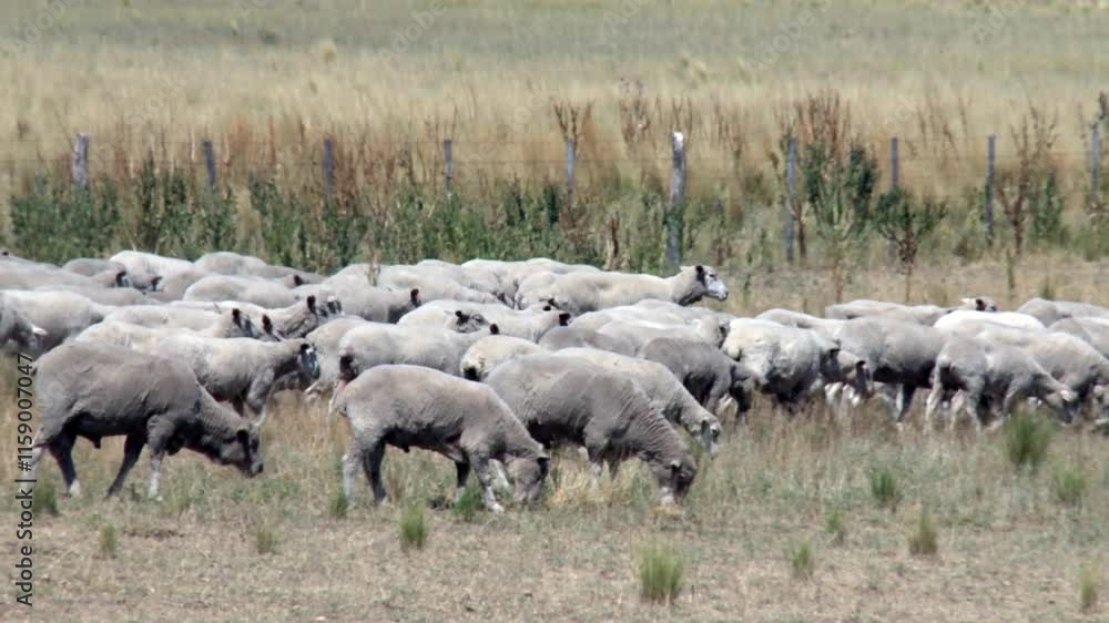 Flock of Sheep Moving Across Farmland in La Pampa, Argentina