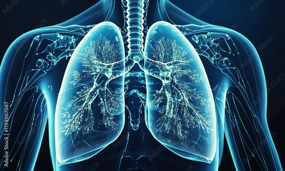 An anatomical illustration of human lungs and respiratory system in a blue, glowing style. An anatomical illustration of human lungs and respiratory system in a blue, glowing style.