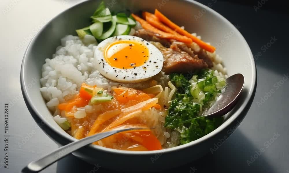 Soft-boiled egg and savory rice bowl with carrots, cucumber, and pork. Soft-boiled egg and savory rice bowl with carrots, cucumber, and pork.