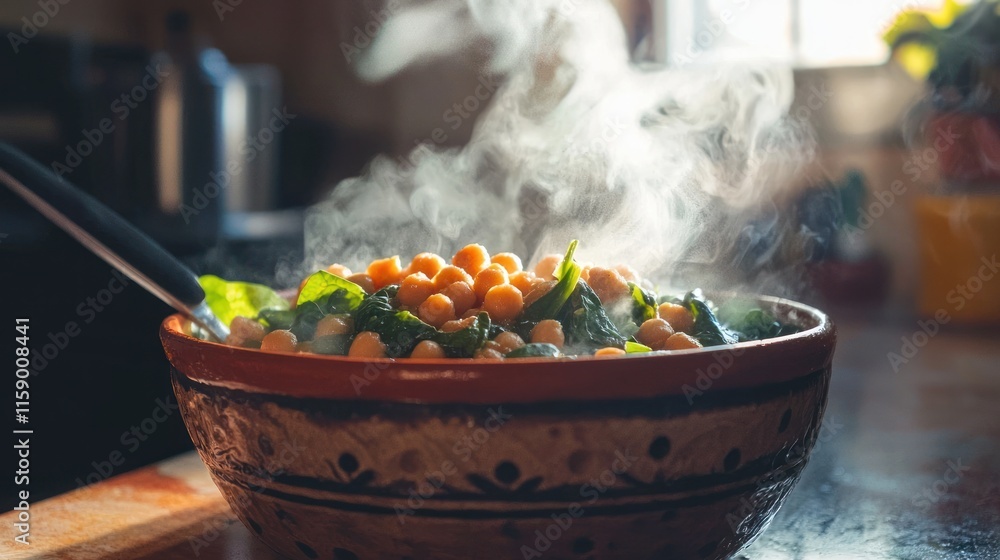 Steaming bowl of chickpeas and spinach. Steaming bowl of chickpeas and spinach.