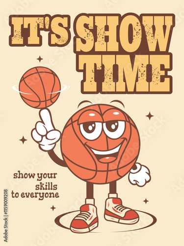 Vector illustration poster, cartoon character mascot basketball smiling with basketball spinning on finger, for poster print, t-shirt, mascot etc.