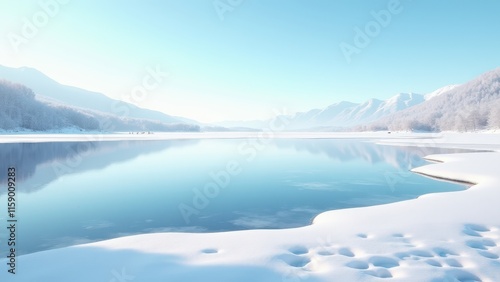Thawing lake, Thawing lake embraces melting snow by clear hills