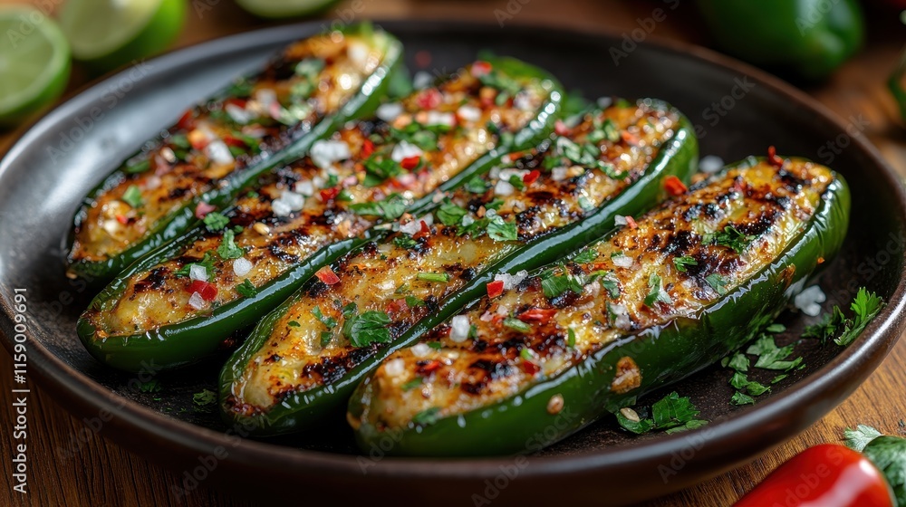Roasted jalapeños with charred skins sprinkled with sea salt. Roasted jalapeños with charred skins sprinkled with sea salt.