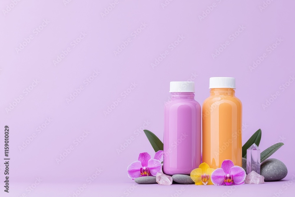 Natural beauty products displayed against a vibrant backdrop. Natural beauty products displayed against a vibrant backdrop.