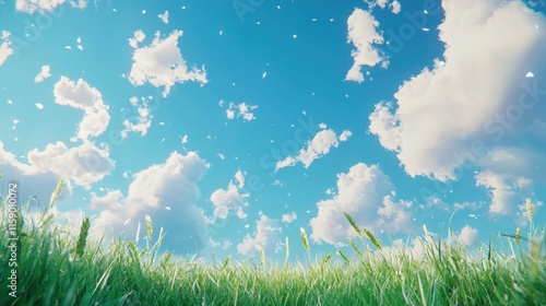 Sunny day, blue sky, fluffy clouds over green grass field.