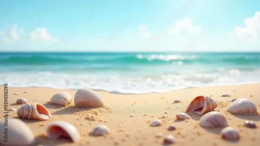 Obraz premium Wet soil, Beachside thaw, ocean meeting sky in background, wet soil with sand and seashells foreground.