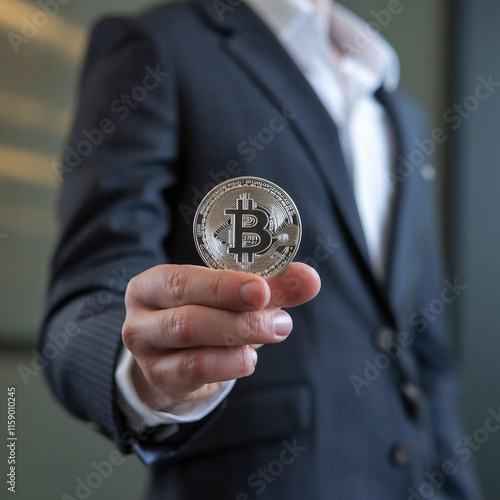 Close-Up of a Hand Holding a Shiny Bitcoin Coin with a Blurred Background, Highlighting Cryptocurrency and Blockchain Technology Concepts