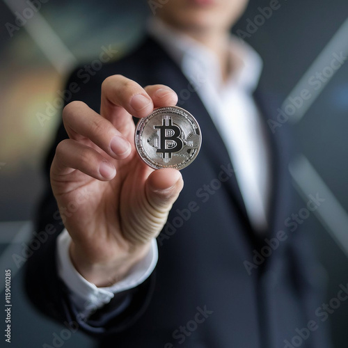 Close-Up of a Hand Holding a Shiny Bitcoin Coin with a Blurred Background, Highlighting Cryptocurrency and Blockchain Technology Concepts