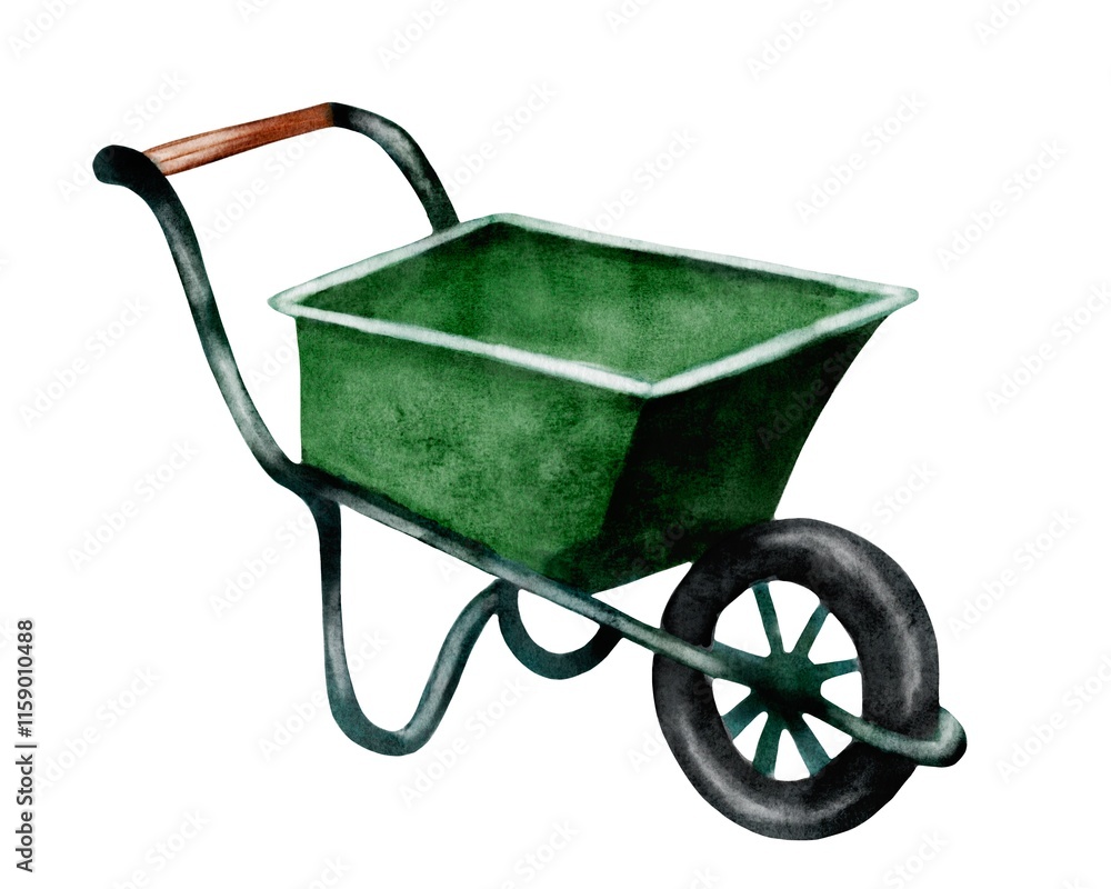 Gardening tool with a green wheelbarrow sitting on a white background Gardening tool with a green wheelbarrow sitting on a white background