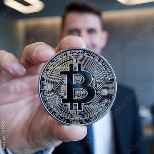Close-Up of a Hand Holding a Shiny Bitcoin Coin with a Blurred Background, Highlighting Cryptocurrency and Blockchain Technology Concepts