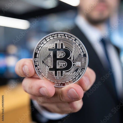 Close-Up of a Hand Holding a Shiny Bitcoin Coin with a Blurred Background, Highlighting Cryptocurrency and Blockchain Technology Concepts