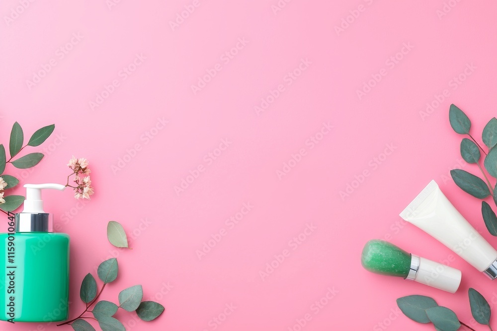 A pastel backdrop featuring a jade roller, gua sha massager, and bottles of cream and serum. Spa atmosphere. Overhead shot with room for text. A pastel backdrop featuring a jade roller, gua sha massager, and bottles of cream and serum. Spa atmosphere. Overhead shot with room for text.